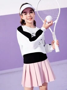 SHEIN 2pcs Girls Sport Suit Set, Letter Patchwork Sweatshirt And Black Tank Top, Crew Neck, Long Sleeve, For School, Work Out, Casual Wear, Fashionable Athletic Outfit For Girls