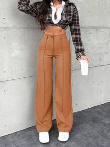 EURMUSE Solid Color Straight Leg High Waisted Suit Pants - Coffee Brown - View 6