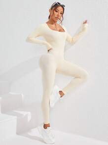 SHEIN Yoga Basic Women Square Neck Long Sleeve Solid Color Sports Jumpsuit