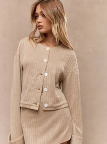 MISSGUIDED Ribbed Knit Cardigan Mini Skirt Set Autumn Winter Two Piece Outfit Loungewear Long Sleeve Button Up Coordinated Fall Fashion Cozy Matching Sweater - Khaki - View 3