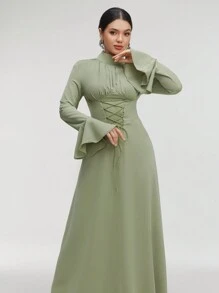 Veilorie Ladies' Solid Color Simple Daily Long Dress With Arabic Rope Modest - Mint Green - View 3