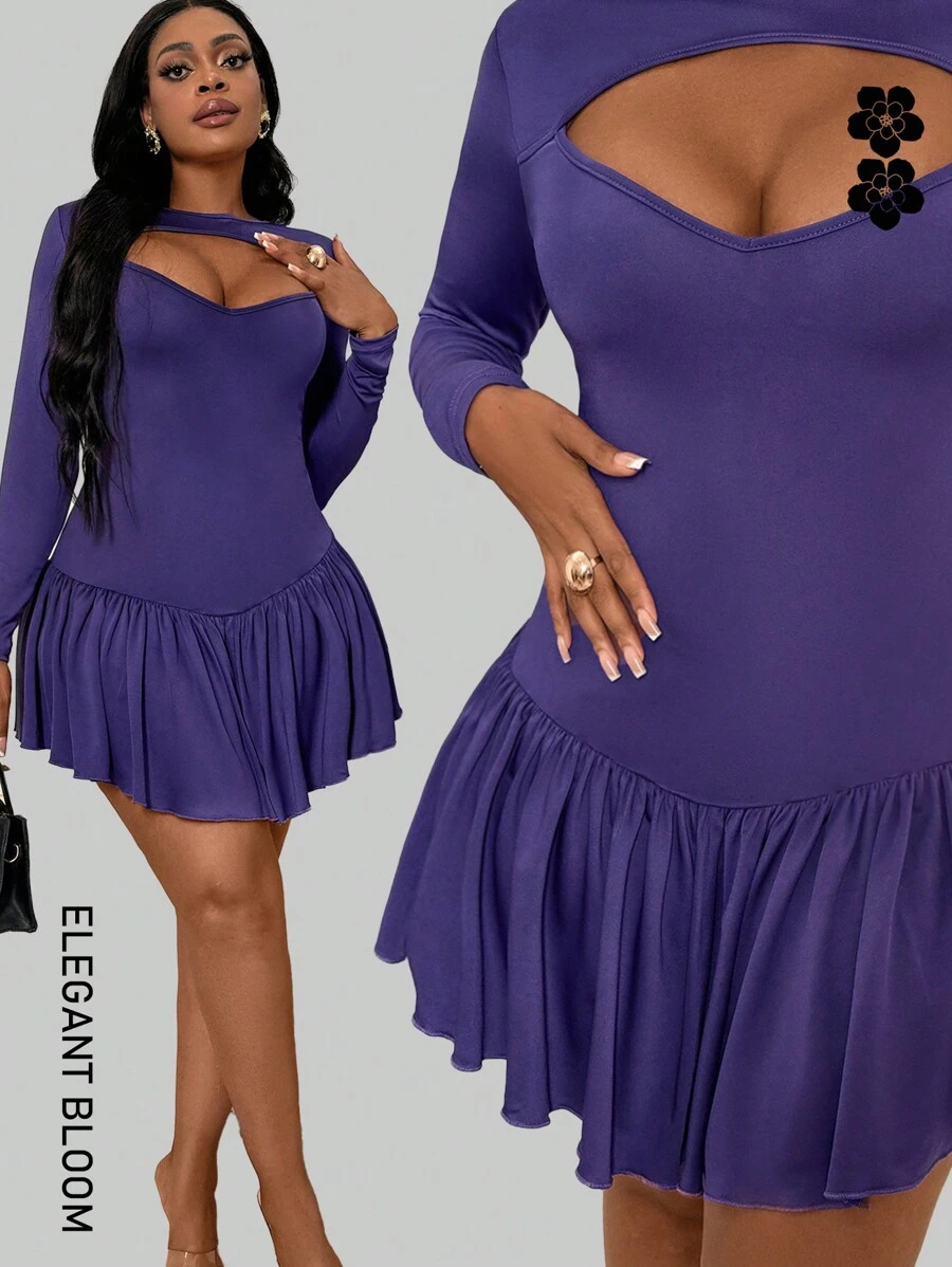 Maweii 加大码纯色圆领镂空荷叶边下摆长袖连衣裙 - 紫色 - 查看 1