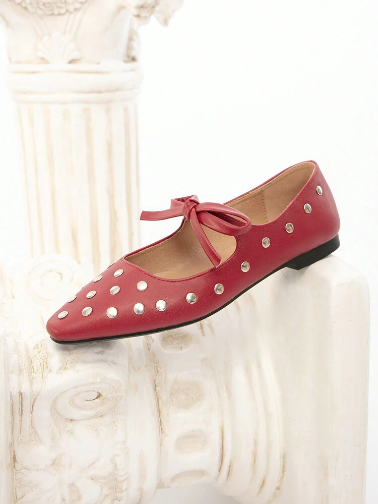 CUCCOO CHICEST 2024 Spring/Autumn New Bow Studded Decor Solid Color Low Vamp Square Toe Casual Flat Shoes New Year Holiday