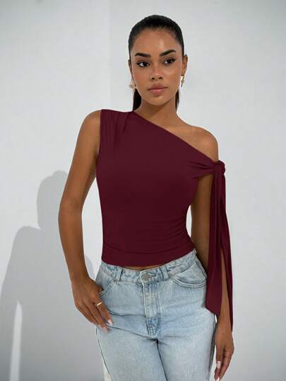 SHEIN BAE Blusa con cuello asimétrico, hombros oblicuos y tirantes con lazo, elegante para salidas, eventos casuales y fiestas, otoño
