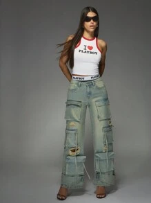 Missguided x Playboy Top deportivo sin mangas informal con impresión de texto y ribetes contrastantes