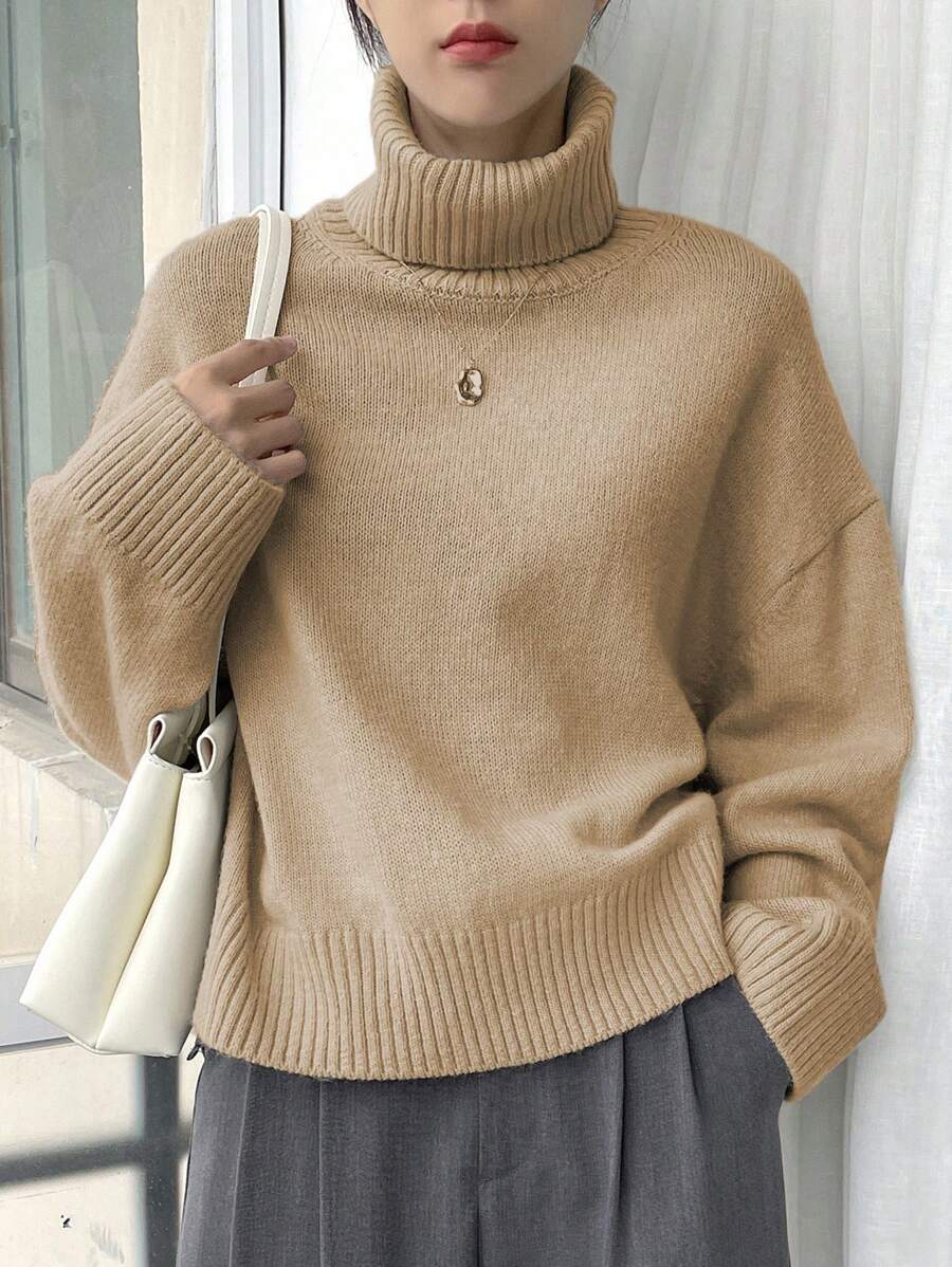 DAZY 女士休闲纯色高领落肩宽松套头毛衣,秋冬,秋季女装 - 杏色 - 查看 1