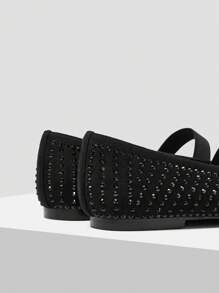 CUCCOO CHICEST "Women's Black Sparkly Rhinestone Mary Jane Flats - Office Commute Daily Shoes" For Christmas Elegant Shoes - Black - View 4