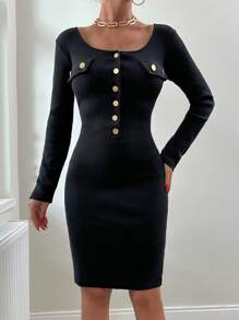 RueChic Casual And Chic Half Button Ribbed Knit Dress - Black - View 1