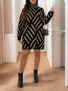 SHEIN LUNE 大码秋冬休闲拼色条纹高领毛衣连衣裙 - 彩色 - 查看 5