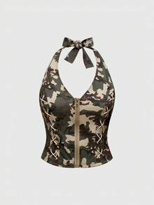 ROMWE Grunge Punk Shibuya Gyaru 迷彩背带设计女士细肩带露背吊带背心，不含毛皮配饰 - 彩色 - 查看 2