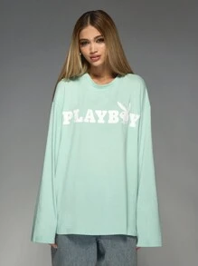 Missguided x Playboy Sweat-shirt oversize à manches longues, t-shirt graphique, vêtement de détente casual en coton pour l'hiver, streetwear avec imprimé logo rétro, mode automne, pièce essentielle de la garde-robe classique - Vert - Voir 1