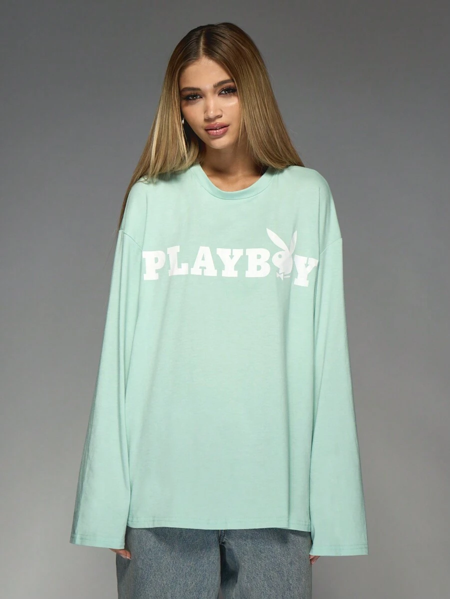 Missguided x Playboy Sweat-shirt oversize à manches longues, t-shirt graphique, vêtement de détente casual en coton pour l'hiver, streetwear avec imprimé logo rétro, mode automne, pièce essentielle de la garde-robe classique - Vert - Voir 1