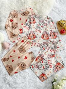 2pcs/Set Cartoon Print Crew Neck Long Sleeve Pajama Set - Multicolor - View 1