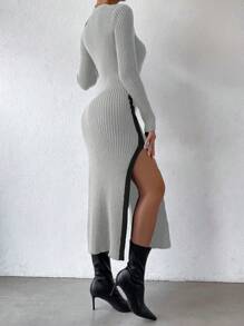 SHEIN Unity 女士纯色拼布圆领长袖镂空简约休闲连衣裙 - 彩色 - 查看 2