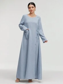 Graceveil Women's Solid Color Round Neck Long Sleeve Buttoned Side Belted Long Arabian Dress Modest - Blue - View 7