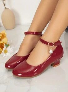 New Round Toe Kids Girls Rhinestone Decor High Heel Princess Shoes, Comfortable & Adorable Glossy Pumps - Red - View 1