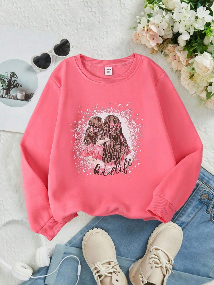 SHEIN Tween Girl Floral Print Pink Crew Neck Sweatshirt, Spring & Autumn - Watermelon Pink - View 1