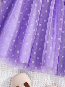 女婴 3D 刺绣蝴蝶结前褶边长袖波尔卡圆点提花网眼紫蝴蝶公主生日派对连衣裙，春/夏/秋季