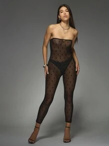 Missguided x Playboy 兔子印花网眼紧身衣露肩全长连体裤俱乐部派对节日服装紧身连衣裤透明紧身衣 - 黑色 - 查看 6