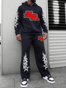 Manfinity EMRG 大码男式字母与图案印花连帽长袖运动衫和宽松运动裤休闲套装 - 黑色 - 查看 1