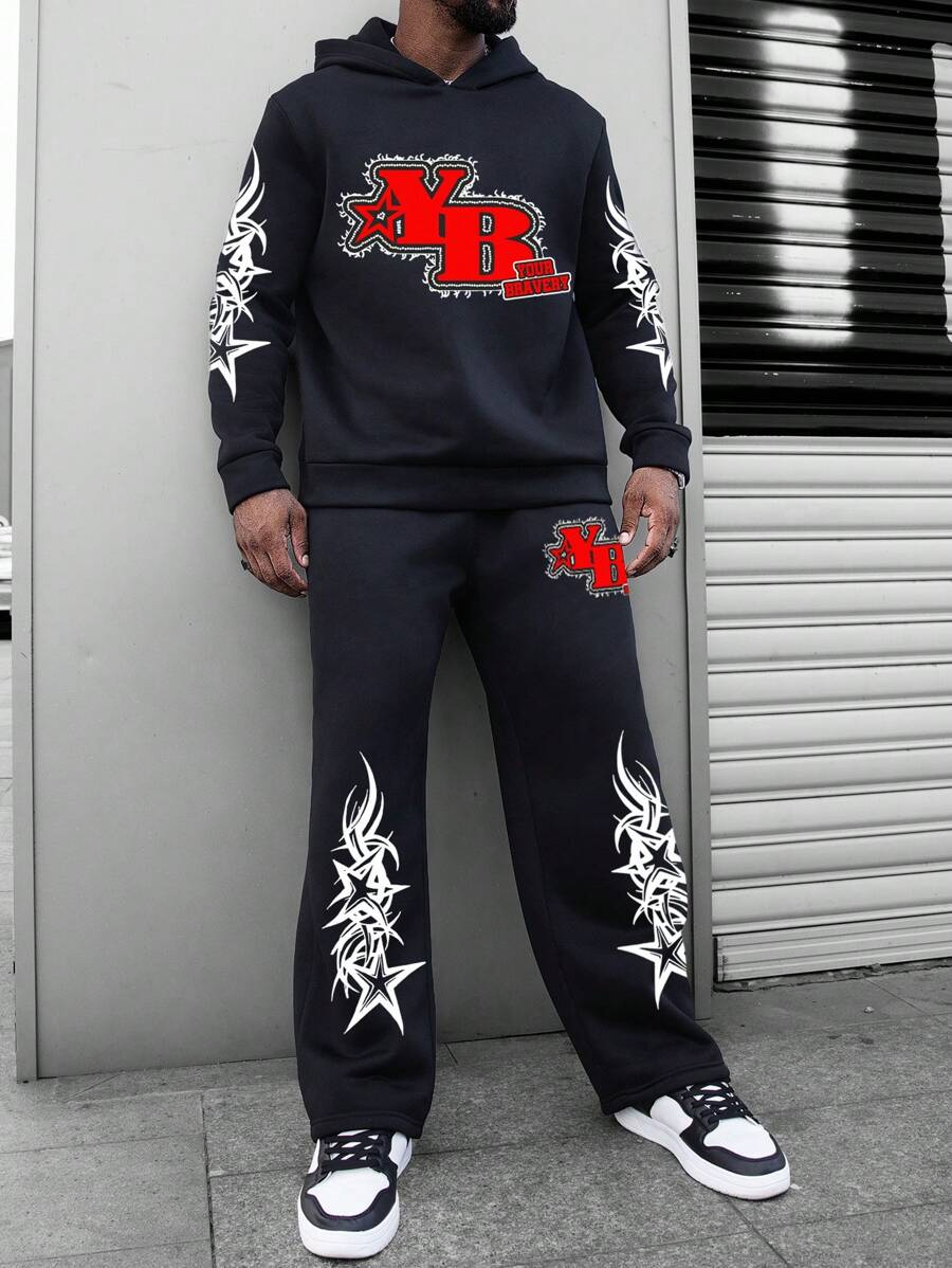 Manfinity EMRG 大码男式字母与图案印花连帽长袖运动衫和宽松运动裤休闲套装 - 黑色 - 查看 1