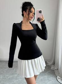 Elenzga 女士优雅法式复古时尚方领上衣和百褶裙套装 - 彩色 - 查看 6