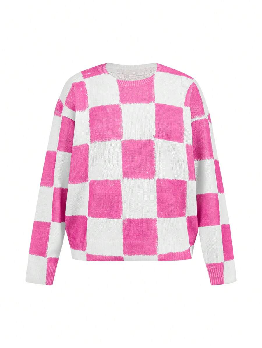 Blue Violet Artist Y2K Style Checkerboard Printed Sweater For Women, Holiday, Vacation, Festival, Ibiza Fits - Pink - View 1