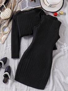 2pcs/Set Tween Girl Casual Outfit, Long Sleeve Crop Top With Pearl Decor & A-Line Bodycon Mini Dress, Spring & Autumn - Black - View 2