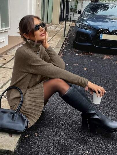 EMERY ROSE 2pcs Set Solid High Collar Long Sleeve Sweater And Pleated Skirt, Elegant Fall Winter Cloth For Women