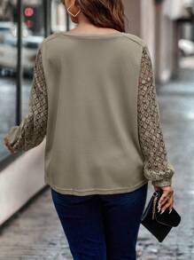 Calvaya Áo thun dài tay ren đơn sắc cỡ lớn cho nữ, mùa thu - Màu xanh Ô liu - Xem 2