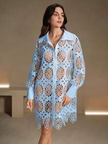 Anewsta Vestido casual de vacaciones con bordado floral, diseño calado, cuello y mangas farol - Azul - Ver 5