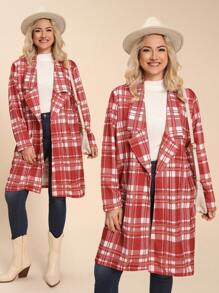 SHEIN LUNE 大码宽领长袖格子简约休闲衬衫，日常穿着 - 紅色 - 查看 4