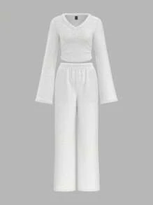 SHEIN BASICS Casual Solid Color Knitted Long Sleeve V-Neck Top & High Waist Long Pants 2pcs Set For Women, Thermal Chic, Cozy Chic, Daily Commute