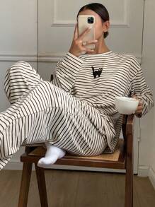 DAZY Loose Fit Flannel Striped Cat Pattern Print Pajama Set - Apricot - View 1