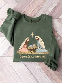 INAWLY 女式休闲耶稣降生场景基督教圣诞节加厚套头连帽衫，秋冬款 - 綠色 - 查看 1