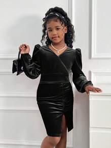 SHEIN NovaGlow Tween Girl Tween Girls 2pcs/Set Casual Minimalist Wrap Style Long Sleeve Top And Split Hem Skirt Suit