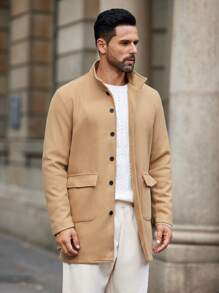 Manfinity Homme 男士纯色长袖单排扣口袋休闲大衣，秋冬 - 薑色 - 查看 4