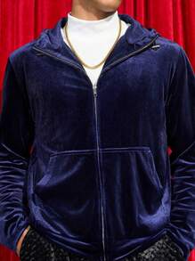 Manfinity VCAY Men's Casual Velvet Fabric Loose Fit Zip-Up Cardigan Jacket, Fashionable And Comfortable For Daily Wear