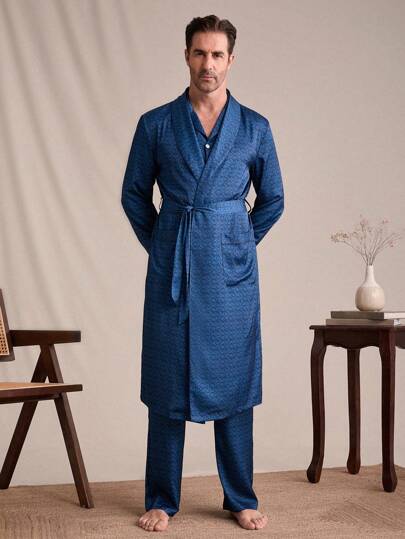 EverLounge 1pc Men's Casual Allover Print Double Pocket Mid-Length Bathrobe