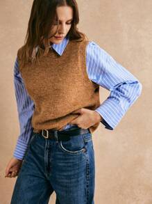 Poéselle 女士纯色圆领宽松休闲百搭针织背心，秋冬 - 卡其色 - 查看 2