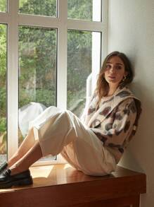 SHEIN X Angie Costa Chiquease Damen Leoparden Muster strukturierter Schal Pullover, Lässig für Herbst und Winter