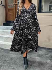 SHEIN Maternity Casual Ditsy Floral Long Sleeve Dress For Outgoing, For Outgoing, Autumn - Black - View 4