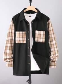 Manfinity Homme Men's Plaid Patchwork Long Sleeve Shirt Jacket For Autumn - Khaki - View 6