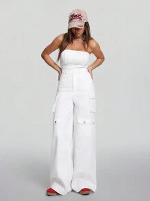 SHEIN ICON 女士白色牛仔連身褲無肩帶工作服寬腿褲街頭服裝 - 白色 - 查看 4