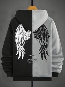 Manfinity LEGND Men's Casual Street Stylish Wing & Slogan Print Two-Tone Kangaroo Pocket Drawstring Hoodie Sweatshirt, Autumn/Winter - Multicolor - View 1