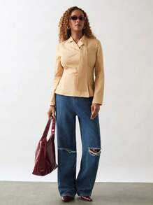 SHEIN Unity 1 chiếc áo sơ mi dài tay màu trơn đơn giản giản dị dành cho nữ - Màu Khaki - Xem 1