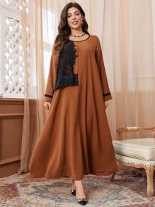 Al Najma Plus Size Women Casual Lace Patchwork Long Sleeve Loose Fit Dress, Regular For Spring/Autumn, Elegant Modest Tunic Arabian Dresses, For Casual Daily - Coffee Brown - View 7