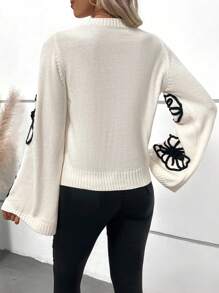 SHEIN LUNE Suéter casual de malha com estampa floral em cores contrastantes e mangas flare, ideal para outono/inverno. - Damasco - Ver 2