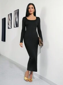 SHEIN Clasi 1pc Women's Square Neck Built-In Bra Bodycon Dress,Winter Women Clothes - Black - View 7