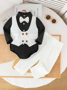 Souflis Souflis 男婴套装。三件套男婴服装设计，包括黑色衬衫、连体衣、蝴蝶结、柔软衬里的白色背心和白色松紧腰长裤，穿着舒适，完美贴合。 - 彩色 - 查看 3